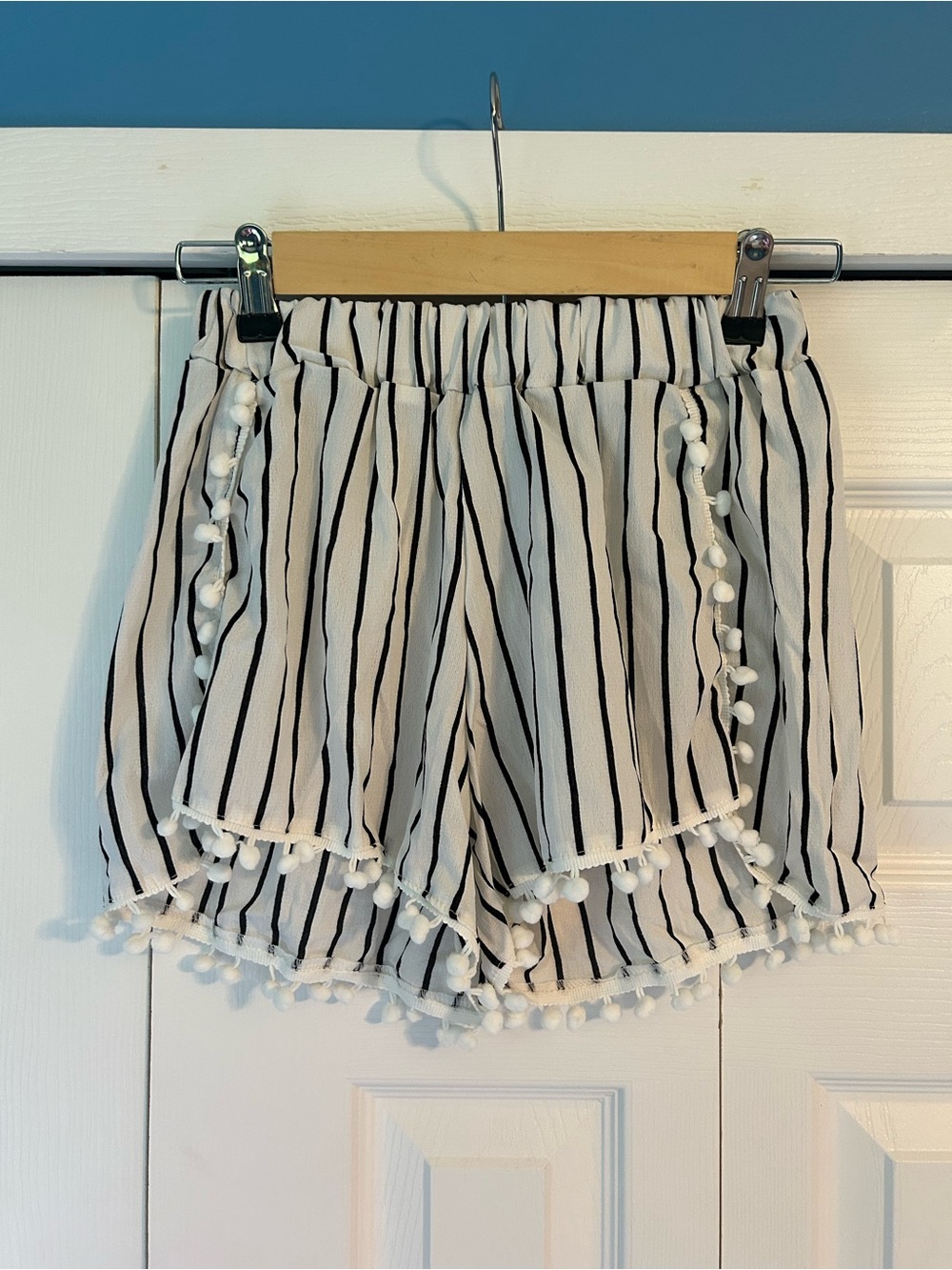 Striped White Pom-Pom Trim Womens Shorts